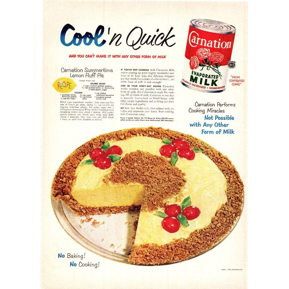 1952 Carnation Evaporated Milk Lemon Fluff Pie Recipe Vintage Print Ad Wall Art